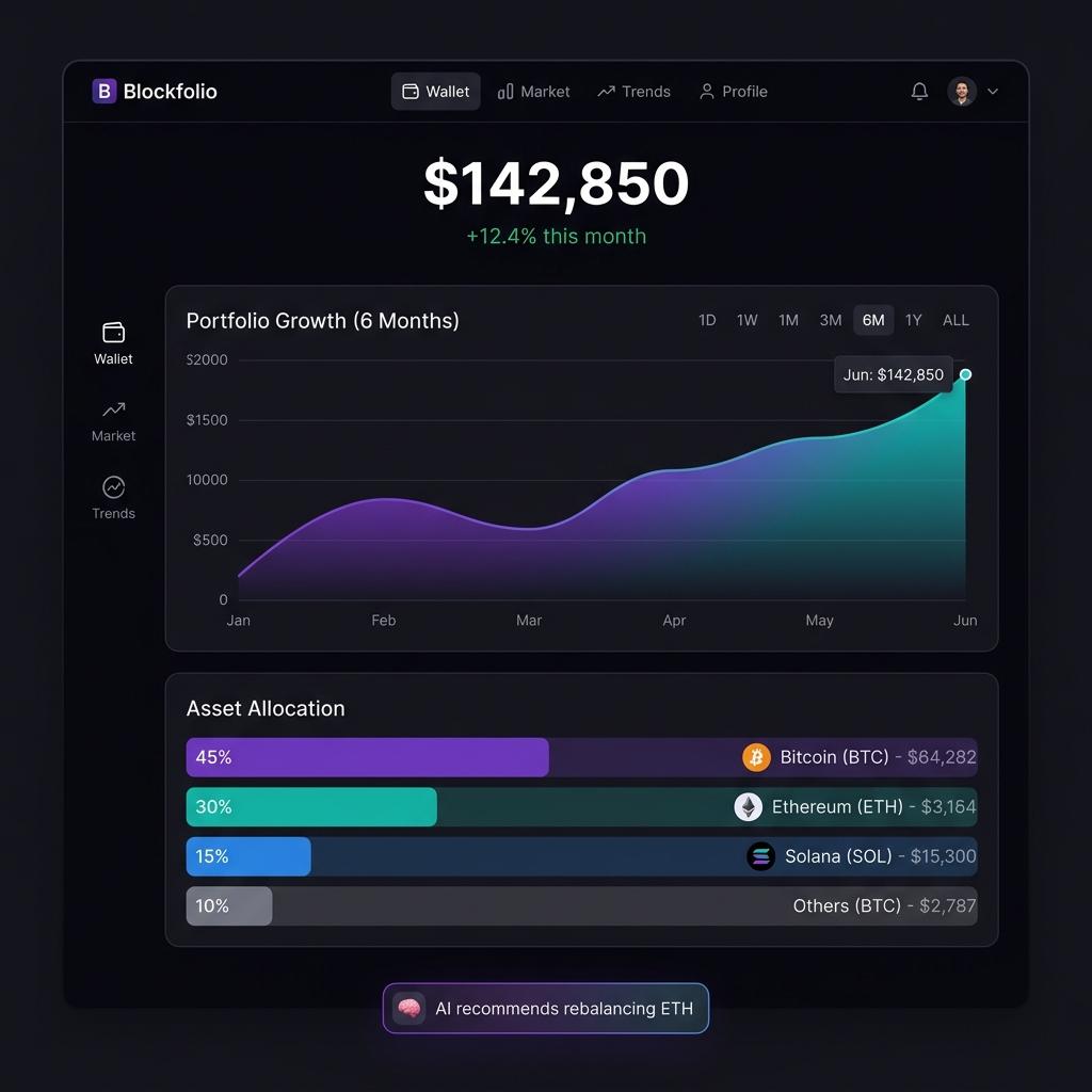 Oraixo AI portfolio dashboard showing portfolio value, growth chart, and asset allocation